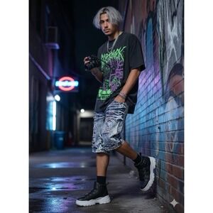 VINTAGE SWITCH Acid Wash Distressed Denim Shorts Paint Splatter Y2K Grunge 34